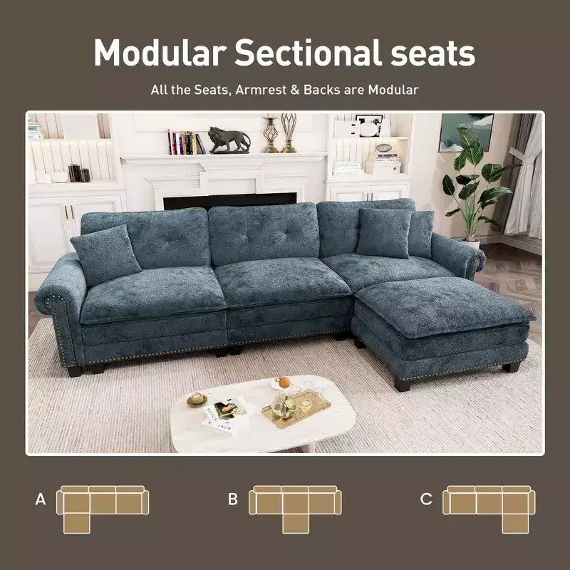Captiva Designs Divano da interno imbottito con pouf, struttura in legno massello, seduta a molle insacchettate e cuscini decorativi