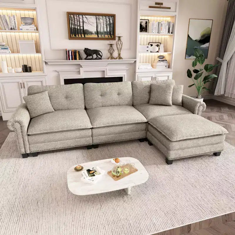Captiva Designs Divano da interno imbottito con pouf, struttura in legno massello, seduta a molle insacchettate e cuscini decorativi