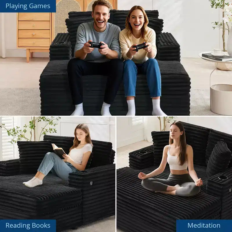 GustoWave 54 Poltrona Chaise Longue in Velluto a Coste, Divano Letto Oversize con Portabicchieri e Cuscini, Mobili per Soggiorno Verdi