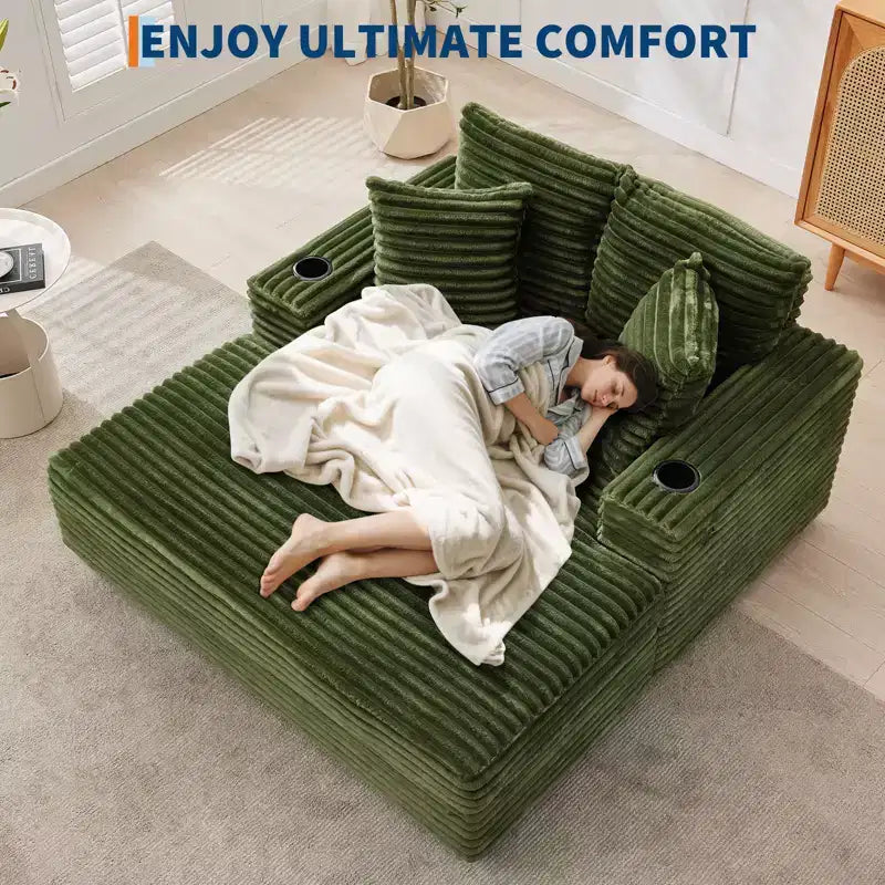 GustoWave 54 Poltrona Chaise Longue in Velluto a Coste, Divano Letto Oversize con Portabicchieri e Cuscini, Mobili per Soggiorno Verdi