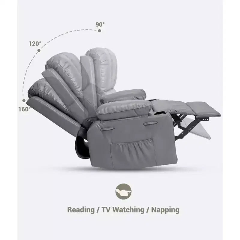 Poltrona Reclinabile Girevole a 360°, Reclinabile Manuale in Pelle PU Imbottita con Porta Bicchiere e Tasche Laterali per Soggiorno, Camera da Letto, Cameretta