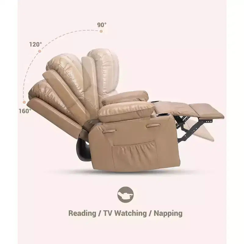 Poltrona Reclinabile Girevole a 360°, Reclinabile Manuale in Pelle PU Imbottita con Porta Bicchiere e Tasche Laterali per Soggiorno, Camera da Letto, Cameretta