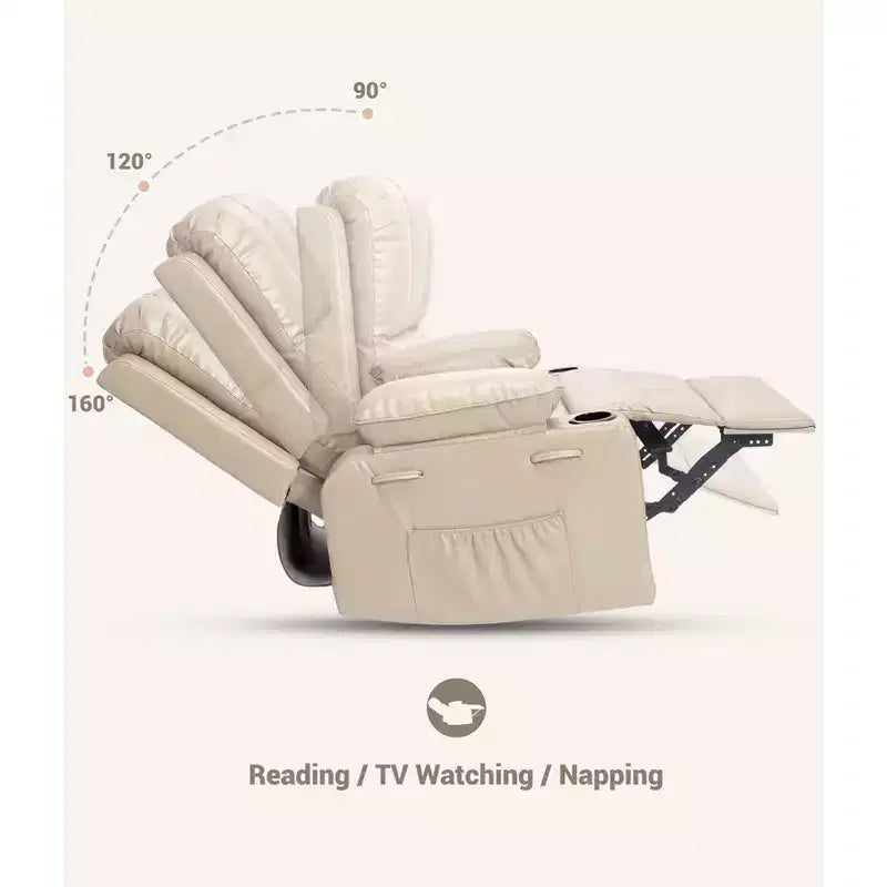 Poltrona Reclinabile Girevole a 360°, Reclinabile Manuale in Pelle PU Imbottita con Porta Bicchiere e Tasche Laterali per Soggiorno, Camera da Letto, Cameretta