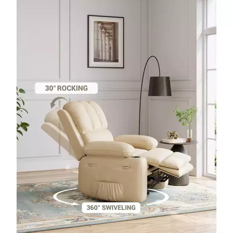 Poltrona Reclinabile Girevole a 360°, Reclinabile Manuale in Pelle PU Imbottita con Porta Bicchiere e Tasche Laterali per Soggiorno, Camera da Letto, Cameretta