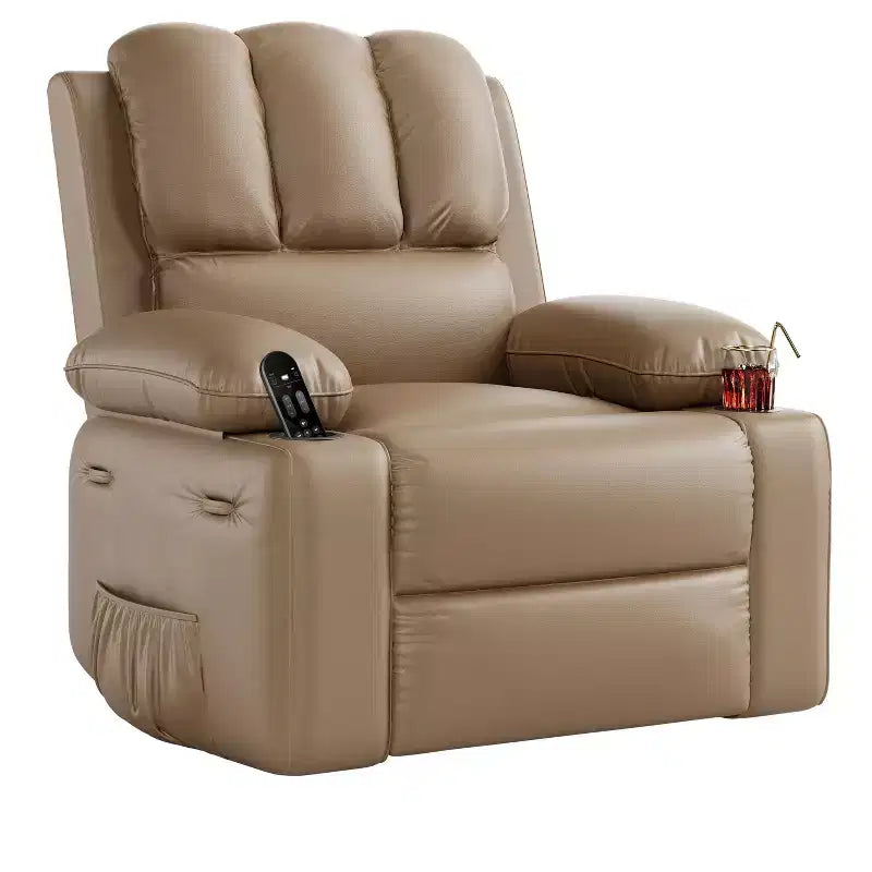 Fauteuil inclinable, pivotant à 360°, et basculant, en cuir PU, rembourré, avec porte-gobelets et poches latérales pour salon, chambre à coucher, chambre de bébé