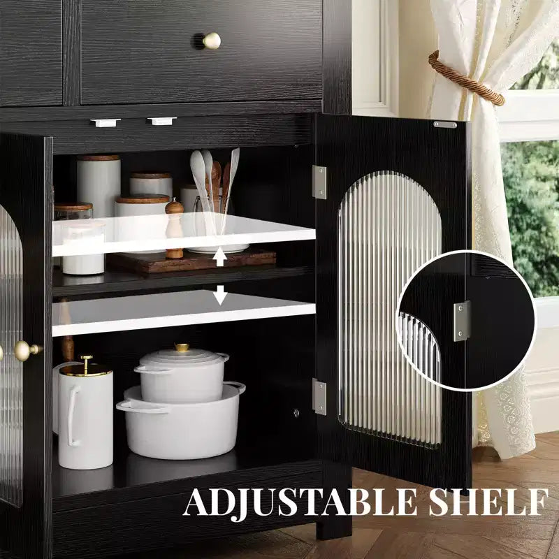 55 Credenza a buffet, mobile bar moderno con ante ad arco in acrilico scanalato, 3 cassetti e ripiani regolabili per sala da pranzo e soggiorno, nero