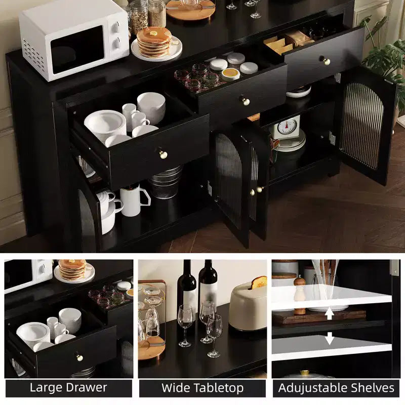 55 Credenza a buffet, mobile bar moderno con ante ad arco in acrilico scanalato, 3 cassetti e ripiani regolabili per sala da pranzo e soggiorno, nero