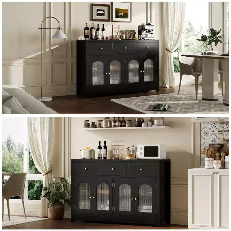 55 Credenza a buffet, mobile bar moderno con ante ad arco in acrilico scanalato, 3 cassetti e ripiani regolabili per sala da pranzo e soggiorno, nero
