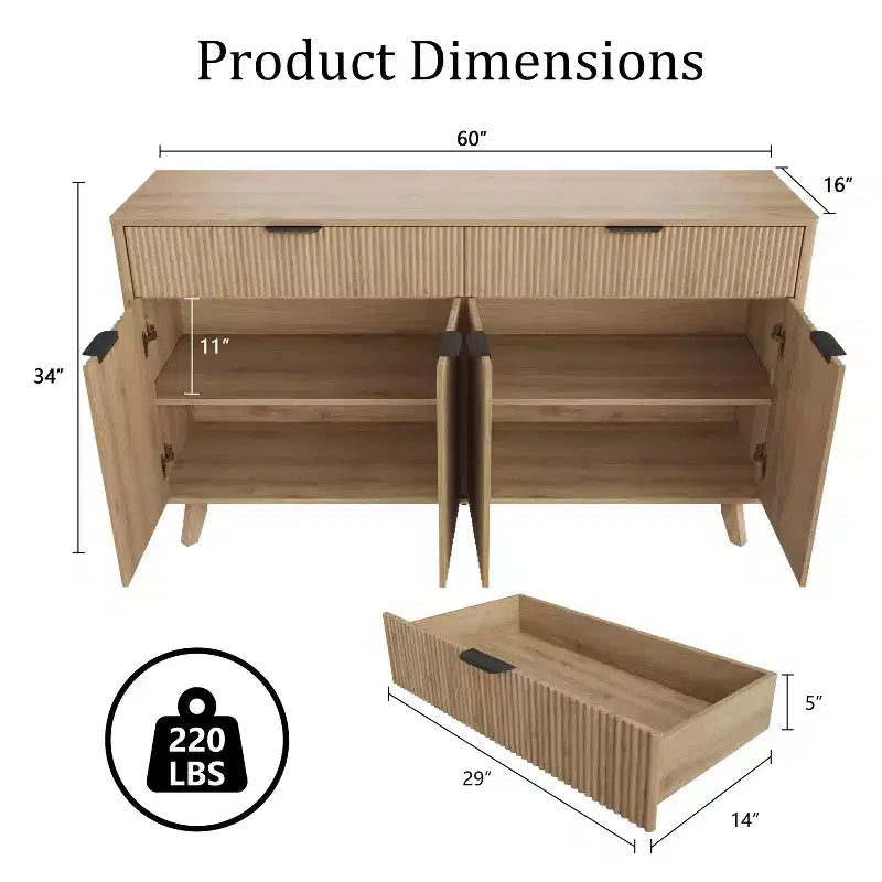 Credenza a buffet da 60'' con 2 cassetti e 4 ante a onda, ripiani regolabili, mobile contenitore per sala da pranzo, soggiorno o cucina
