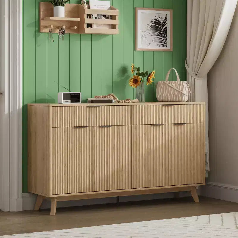 Credenza a buffet da 60'' con 2 cassetti e 4 ante a onda, ripiani regolabili, mobile contenitore per sala da pranzo, soggiorno o cucina