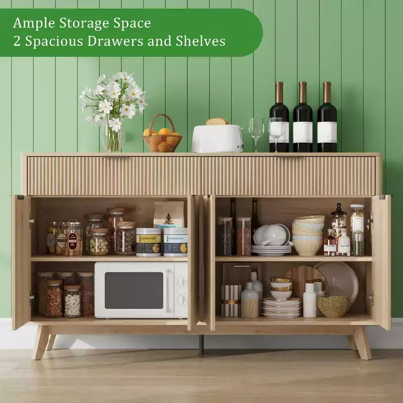 Credenza a buffet da 60'' con 2 cassetti e 4 ante a onda, ripiani regolabili, mobile contenitore per sala da pranzo, soggiorno o cucina