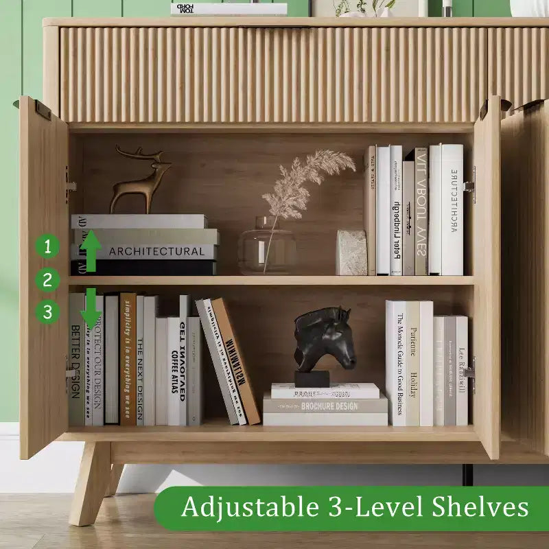 Credenza a buffet da 60'' con 2 cassetti e 4 ante a onda, ripiani regolabili, mobile contenitore per sala da pranzo, soggiorno o cucina