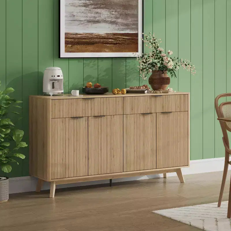 Credenza a buffet da 60'' con 2 cassetti e 4 ante a onda, ripiani regolabili, mobile contenitore per sala da pranzo, soggiorno o cucina