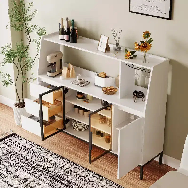 GDFStudio Pavel Moderno Mobile Credenza con 64 Ante in Vetro, Portabicchieri e 3 Cassetti