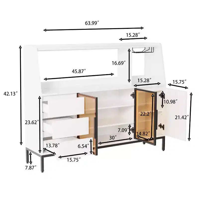 GDFStudio Pavel Moderno Mobile Credenza con 64 Ante in Vetro, Portabicchieri e 3 Cassetti