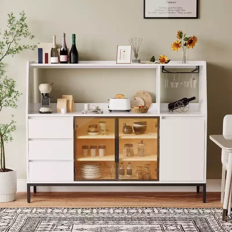 GDFStudio Pavel Moderno Mobile Credenza con 64 Ante in Vetro, Portabicchieri e 3 Cassetti