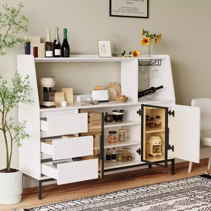 GDFStudio Pavel Moderno Mobile Credenza con 64 Ante in Vetro, Portabicchieri e 3 Cassetti