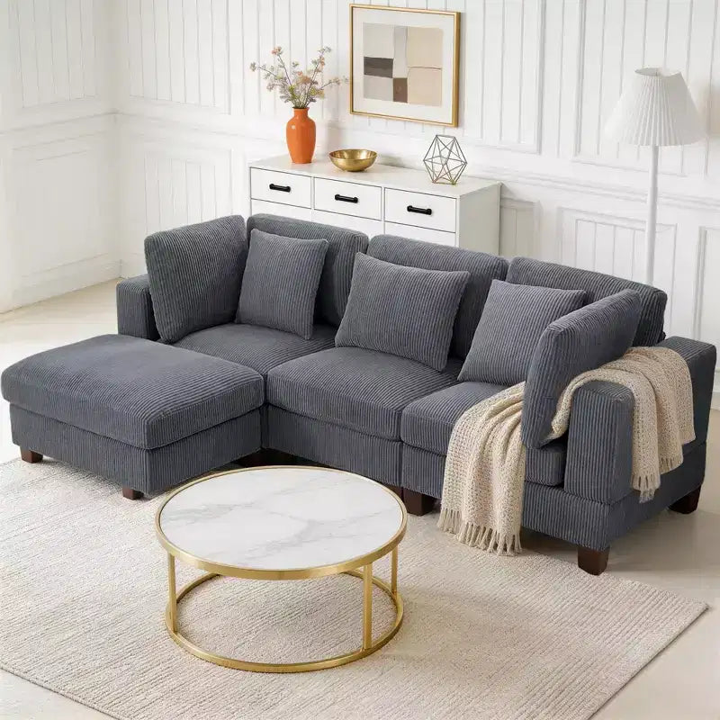 Divano Sezionale Modulare Trasformabile in Velluto a Coste con Pouf, Divano Configurabile per Soggiorno, Facile da Montare