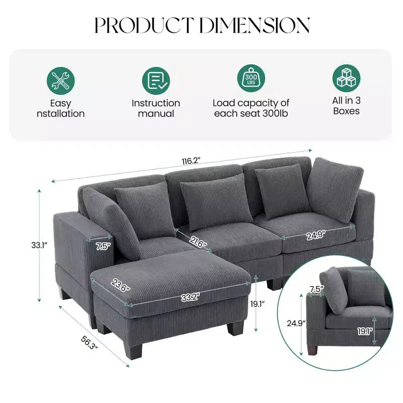 Divano Sezionale Modulare Trasformabile in Velluto a Coste con Pouf, Divano Configurabile per Soggiorno, Facile da Montare