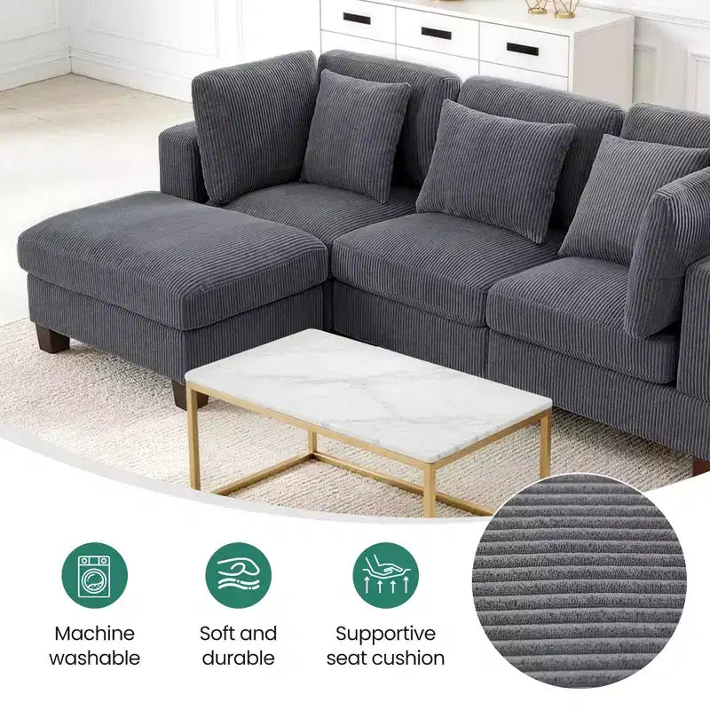 Divano Sezionale Modulare Trasformabile in Velluto a Coste con Pouf, Divano Configurabile per Soggiorno, Facile da Montare