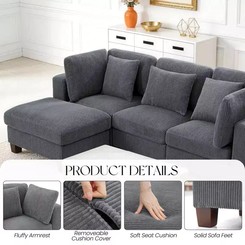 Divano Sezionale Modulare Trasformabile in Velluto a Coste con Pouf, Divano Configurabile per Soggiorno, Facile da Montare