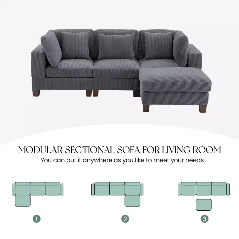 Divano Sezionale Modulare Trasformabile in Velluto a Coste con Pouf, Divano Configurabile per Soggiorno, Facile da Montare
