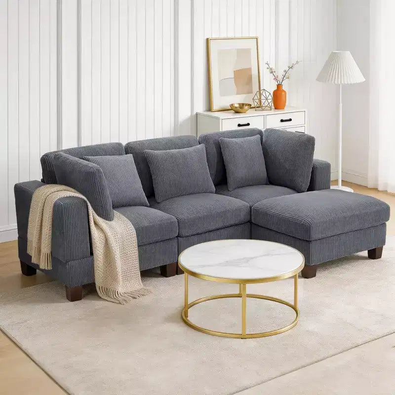 Divano Sezionale Modulare Trasformabile in Velluto a Coste con Pouf, Divano Configurabile per Soggiorno, Facile da Montare