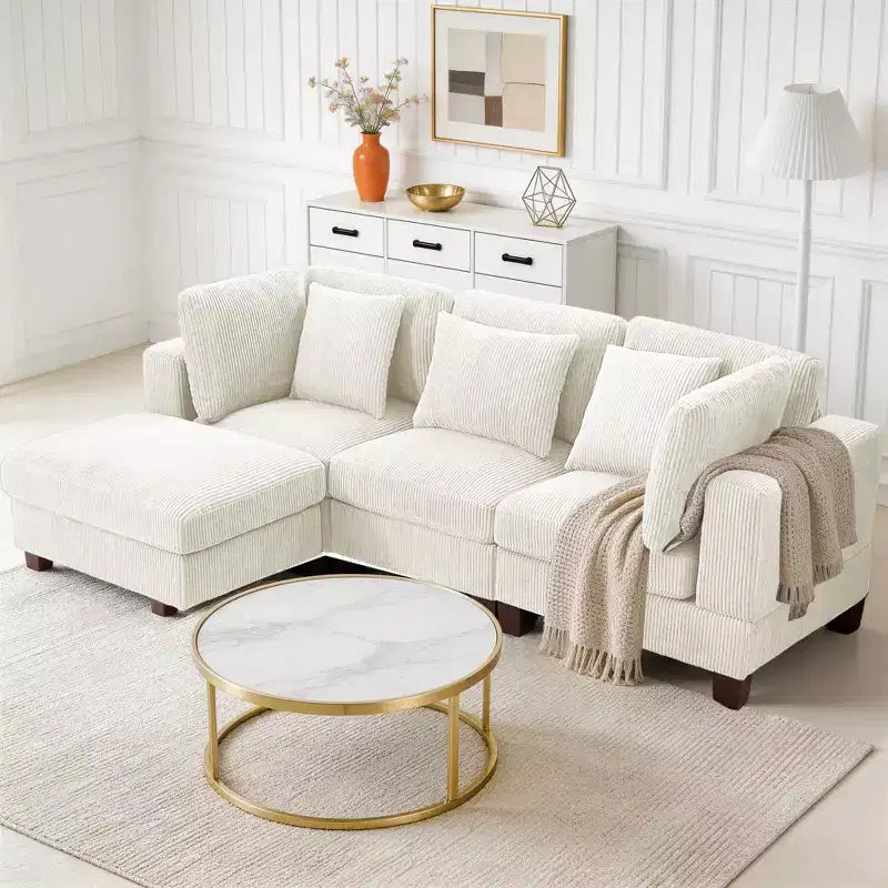 Divano Sezionale Modulare Trasformabile in Velluto a Coste con Pouf, Divano Configurabile per Soggiorno, Facile da Montare