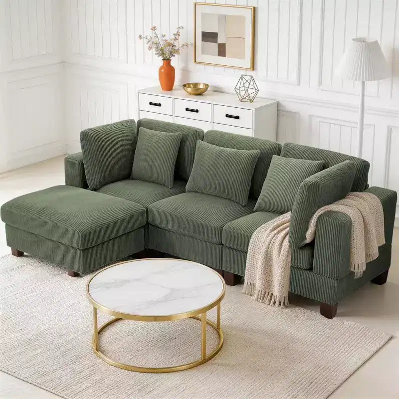 Divano Sezionale Modulare Trasformabile in Velluto a Coste con Pouf, Divano Configurabile per Soggiorno, Facile da Montare
