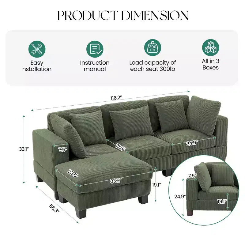 Divano Sezionale Modulare Trasformabile in Velluto a Coste con Pouf, Divano Configurabile per Soggiorno, Facile da Montare