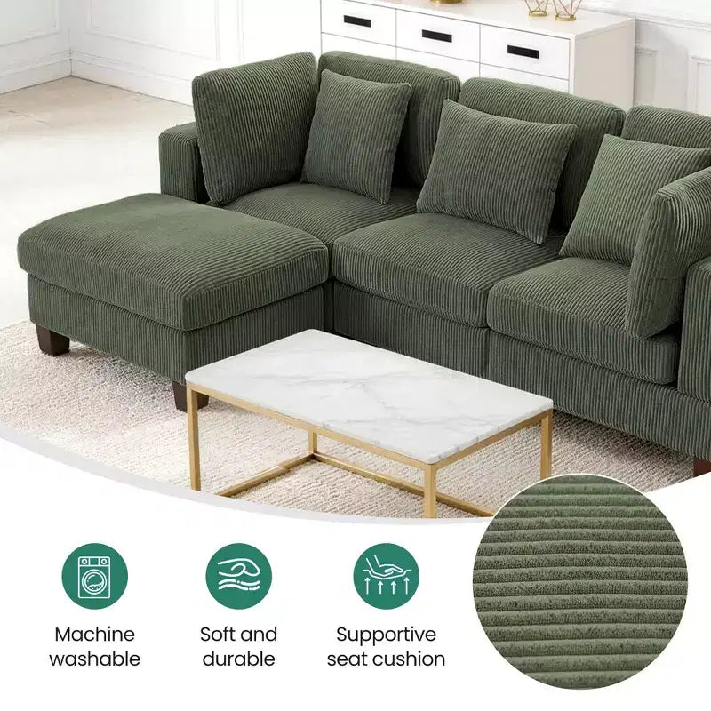 Divano Sezionale Modulare Trasformabile in Velluto a Coste con Pouf, Divano Configurabile per Soggiorno, Facile da Montare
