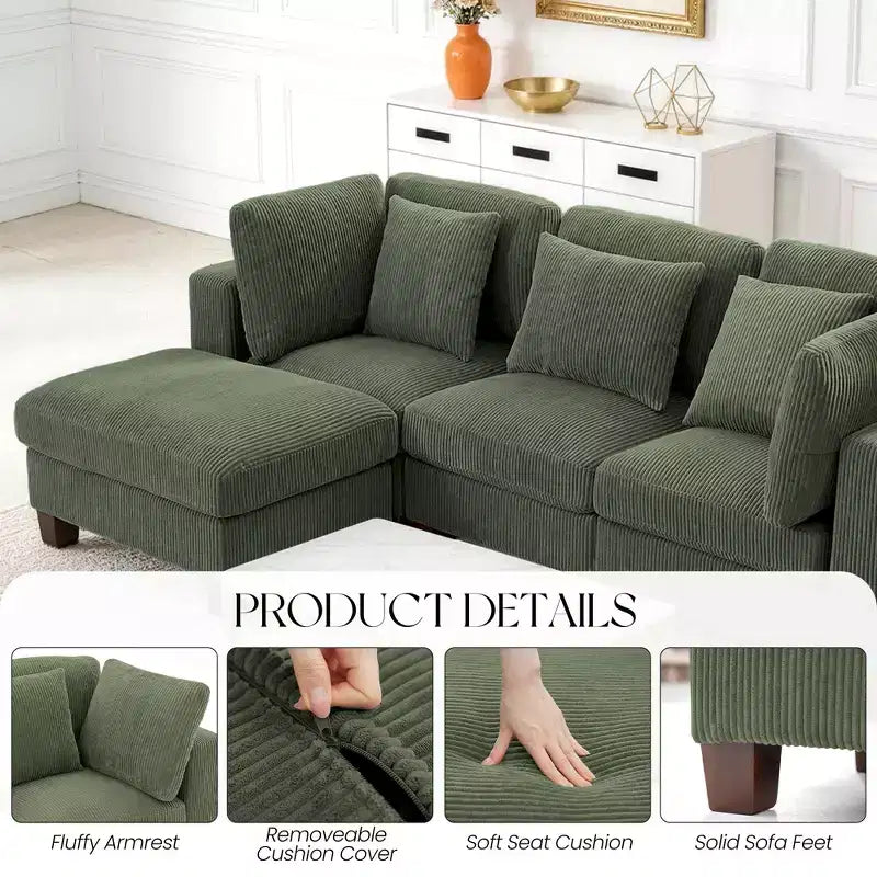 Divano Sezionale Modulare Trasformabile in Velluto a Coste con Pouf, Divano Configurabile per Soggiorno, Facile da Montare