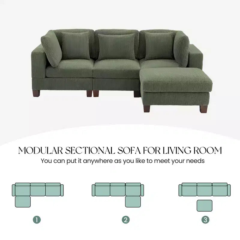 Divano Sezionale Modulare Trasformabile in Velluto a Coste con Pouf, Divano Configurabile per Soggiorno, Facile da Montare
