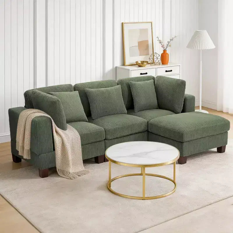 Divano Sezionale Modulare Trasformabile in Velluto a Coste con Pouf, Divano Configurabile per Soggiorno, Facile da Montare