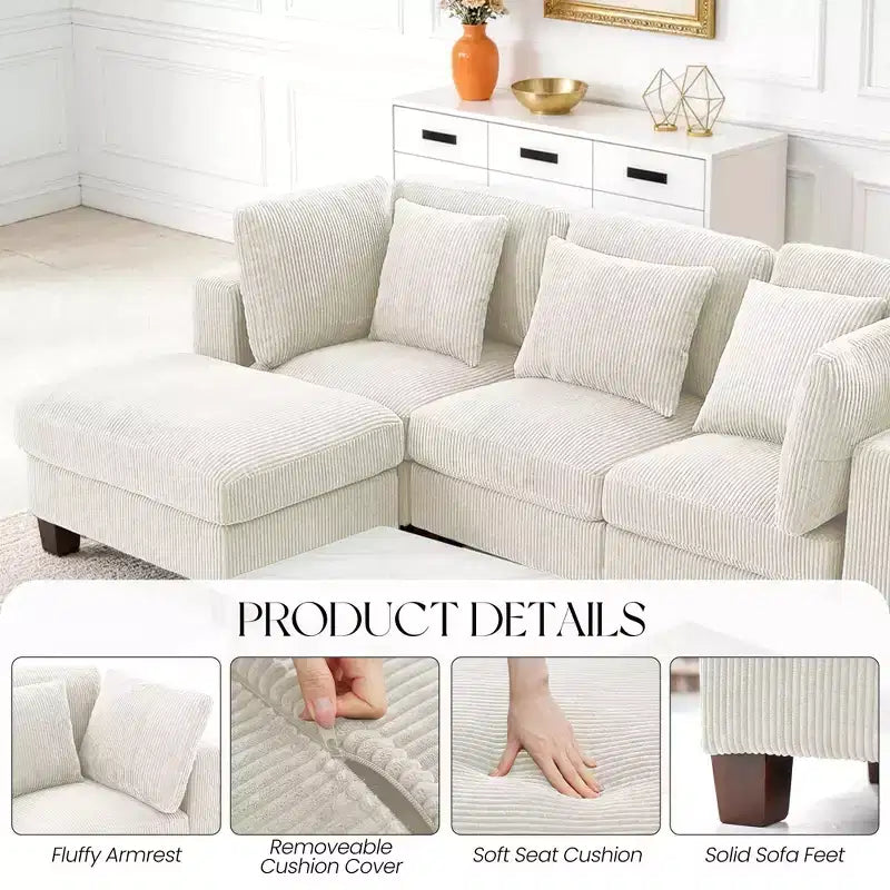 Divano Sezionale Modulare Trasformabile in Velluto a Coste con Pouf, Divano Configurabile per Soggiorno, Facile da Montare