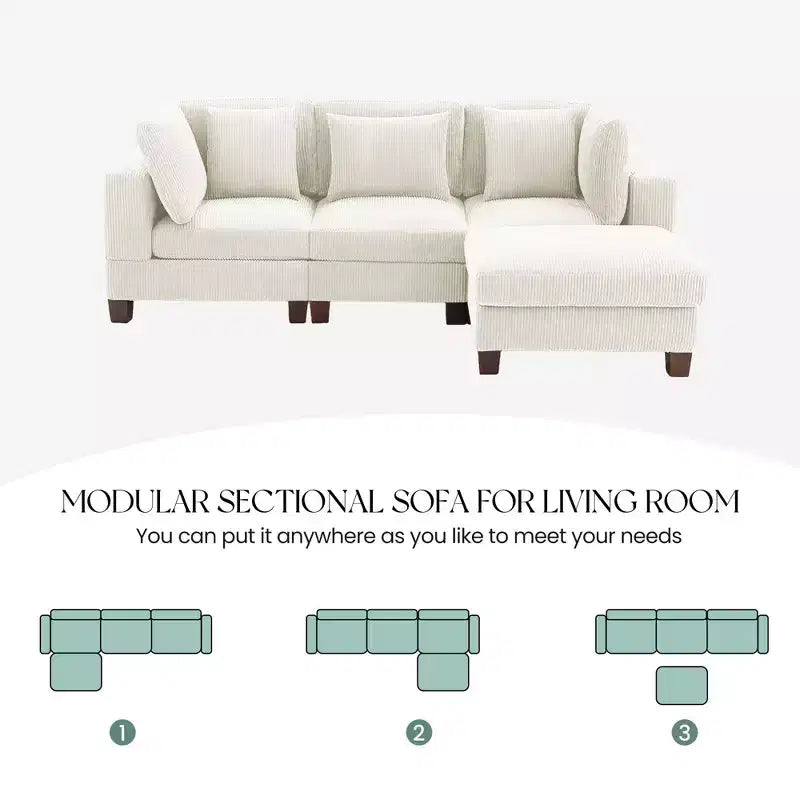 Divano Sezionale Modulare Trasformabile in Velluto a Coste con Pouf, Divano Configurabile per Soggiorno, Facile da Montare