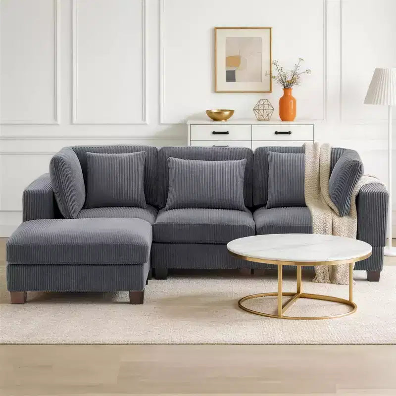 Divano Sezionale Modulare Trasformabile in Velluto a Coste con Pouf, Divano Configurabile per Soggiorno, Facile da Montare