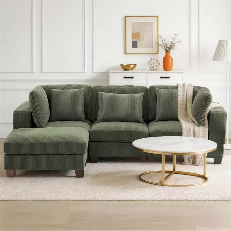 Divano Sezionale Modulare Trasformabile in Velluto a Coste con Pouf, Divano Configurabile per Soggiorno, Facile da Montare