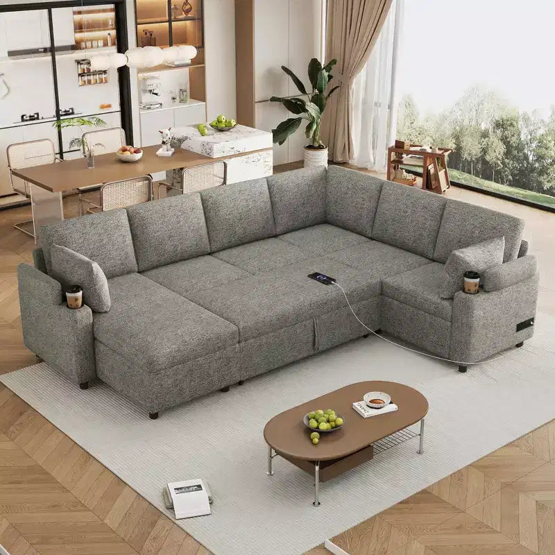 109.9 Divano Sezionale Divano Letto Versatile Divano Letto a U con Spazio Contenitore e Porte di Ricarica