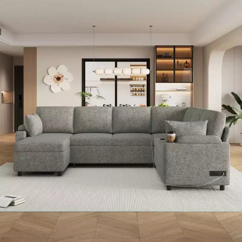 109.9 Divano Sezionale Divano Letto Versatile Divano Letto a U con Spazio Contenitore e Porte di Ricarica