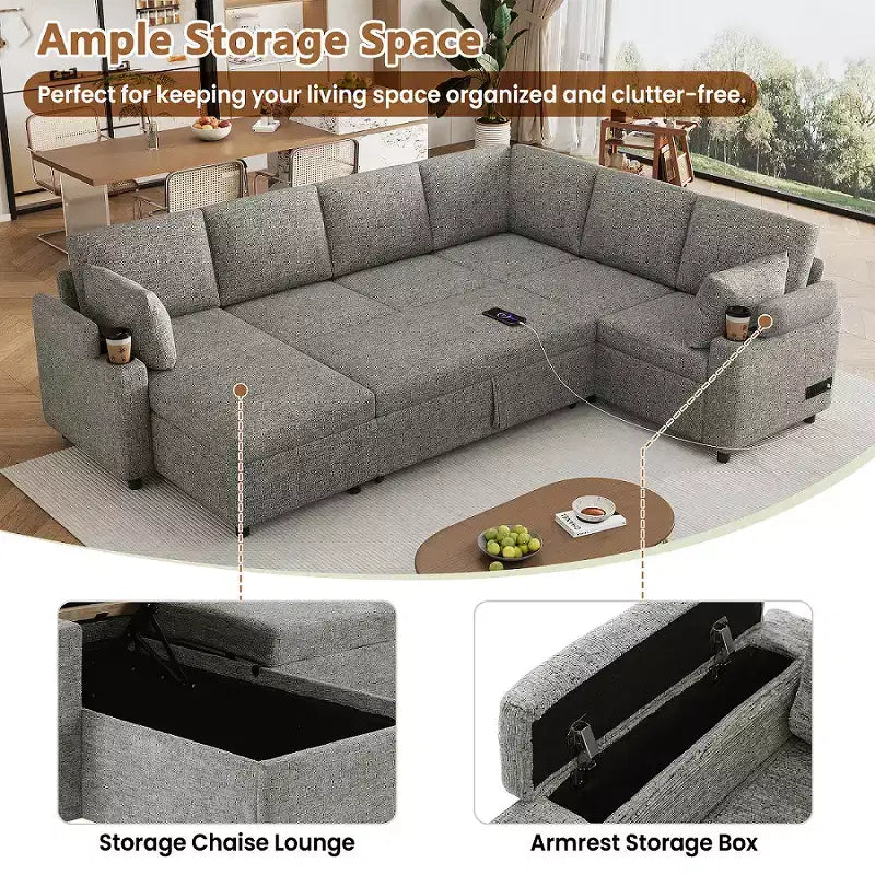109.9 Divano Sezionale Divano Letto Versatile Divano Letto a U con Spazio Contenitore e Porte di Ricarica