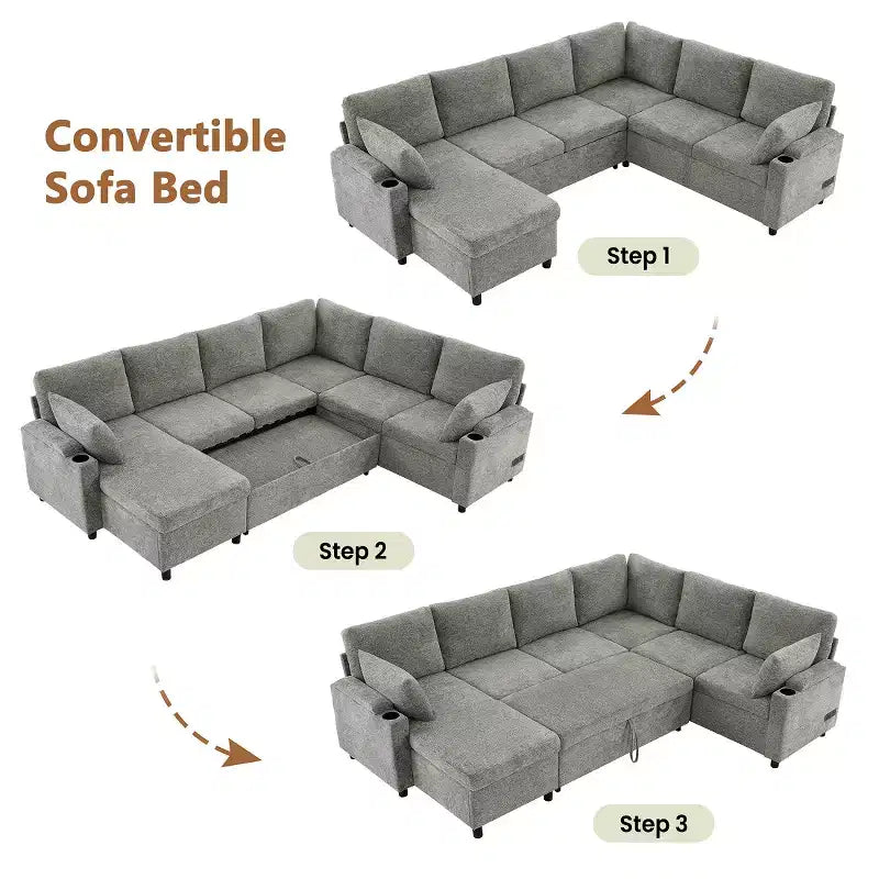 109.9 Divano Sezionale Divano Letto Versatile Divano Letto a U con Spazio Contenitore e Porte di Ricarica