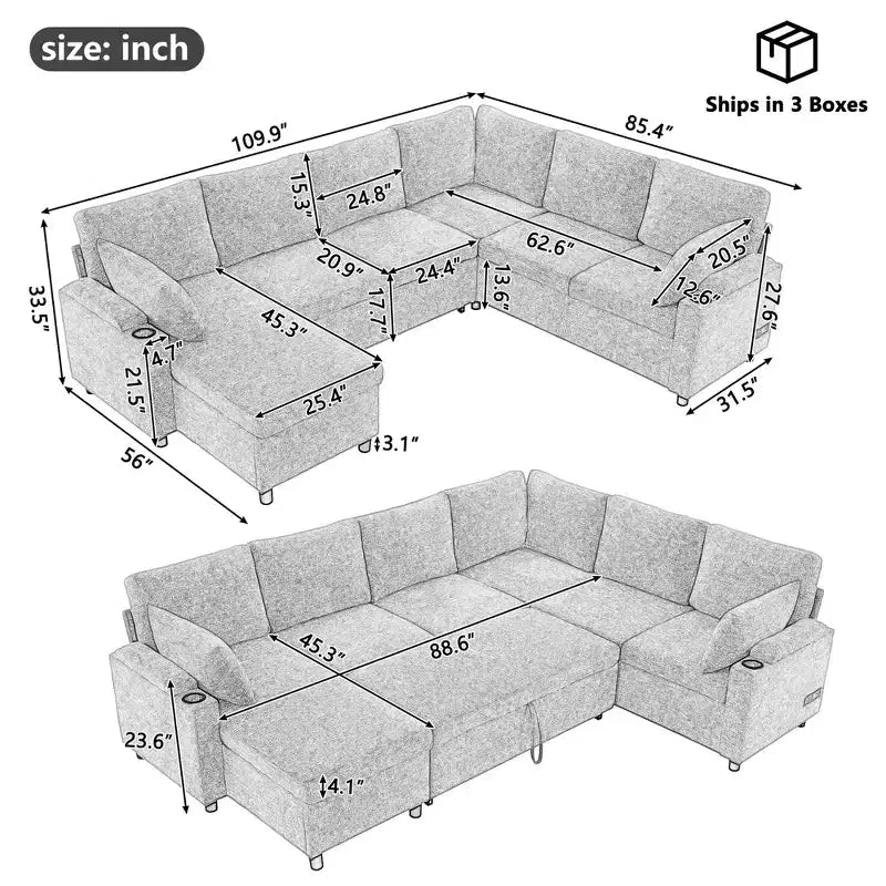 109.9 Divano Sezionale Divano Letto Versatile Divano Letto a U con Spazio Contenitore e Porte di Ricarica