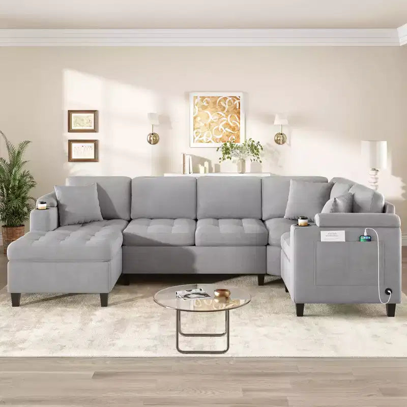 Divano Sezionale a U 115.7 Divano Sezionale Angolare Oversize per Soggiorno con Portabicchieri Integrati, Vano Contenitore e Porte USB