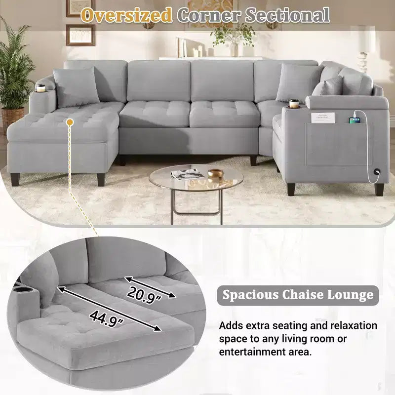 Divano Sezionale a U 115.7 Divano Sezionale Angolare Oversize per Soggiorno con Portabicchieri Integrati, Vano Contenitore e Porte USB