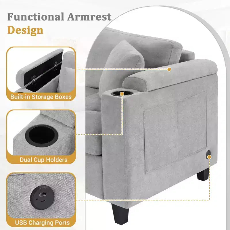 Divano Sezionale a U 115.7 Divano Sezionale Angolare Oversize per Soggiorno con Portabicchieri Integrati, Vano Contenitore e Porte USB