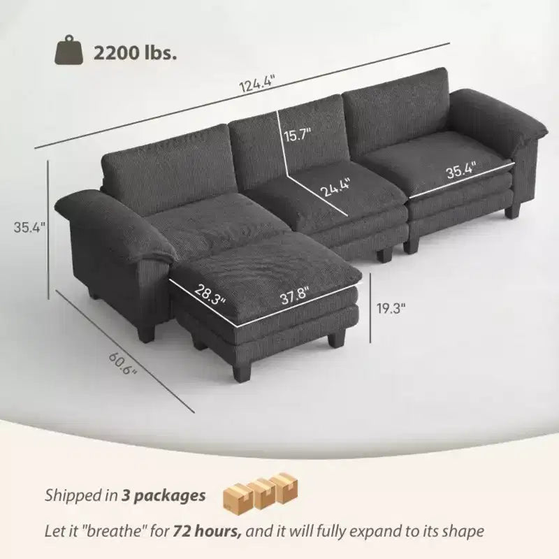Divano componibile a L GDFStudio Huehi Modern 124 in velluto a coste con pouf mobile