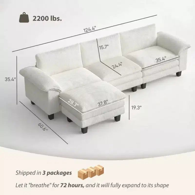 Divano componibile a L GDFStudio Huehi Modern 124 in velluto a coste con pouf mobile