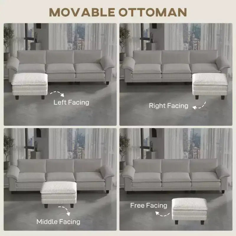 Divano componibile a L GDFStudio Huehi Modern 124 in velluto a coste con pouf mobile