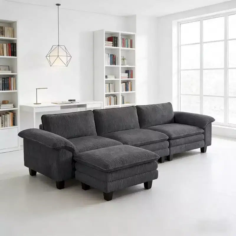 Divano componibile a L GDFStudio Huehi Modern 124 in velluto a coste con pouf mobile